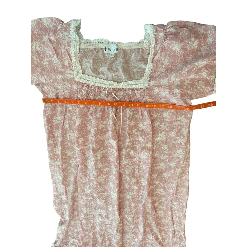 The 1 for U Pink Floral Cotton Nightgown Lace Trim Smocked Victorian Sleepwear L